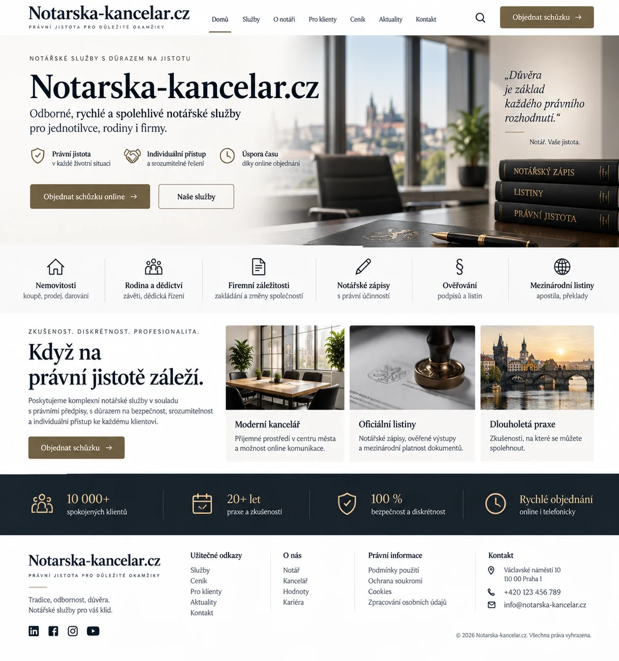 Světlý ilustrační návrh webu notářské kanceláře s online kontaktem a přehledem služeb